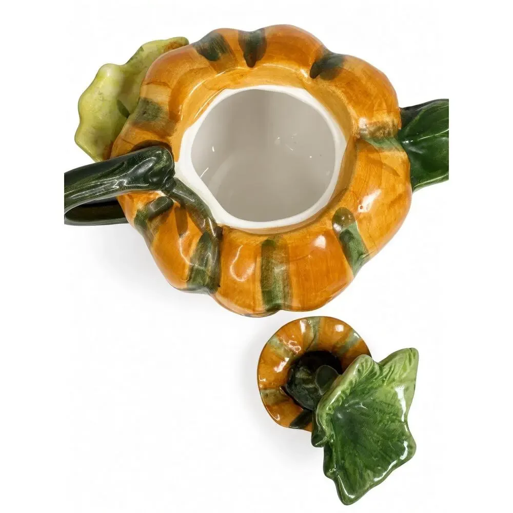 Hand Painted Ceramic Pumpkin Teapot, Vintage Fall Serveware, Orange Green